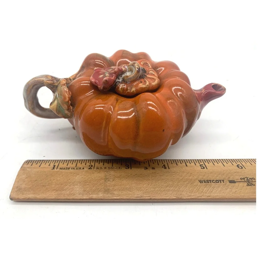 Vintage Pumpkin Teapot Orange Ceramic Fall Harvest Decorative Leaf Lid Small